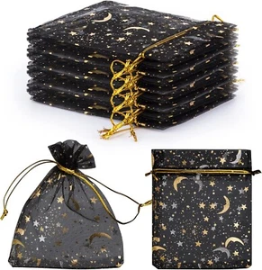 Celestial Organza Gift Bags Jewelry Drawstring Sack Sheer Party Favors Black 5pc - Picture 1 of 3