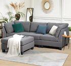 L-Shaped Universal Corner Sofa Suite Set Footstool Tufted Linen Sectional Couch