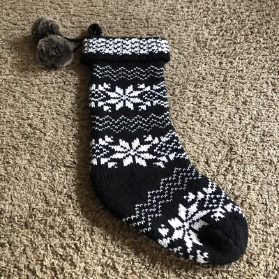 TARGET FAIR ISLE KNIT CHRISTMAS STOCKING BLACK WHITE POM POM WONDERSHOP NWOT - Image 1 of 4