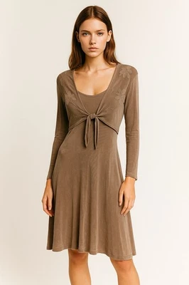 vintage 90s KNIT FIT FLARE DRESS tie front long sleeve stretch beige MEDIUM - Image 1 of 4