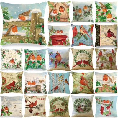 Cardinal Snow Branch Pillow Cover Winter Robin Bird Christmas Holly Cushion Case - Image 1 of 4