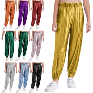 Kids Girls Jazz Dance Metallic Shiny Ribbed Pants Stage Performance Costume - Picture 1 of 101