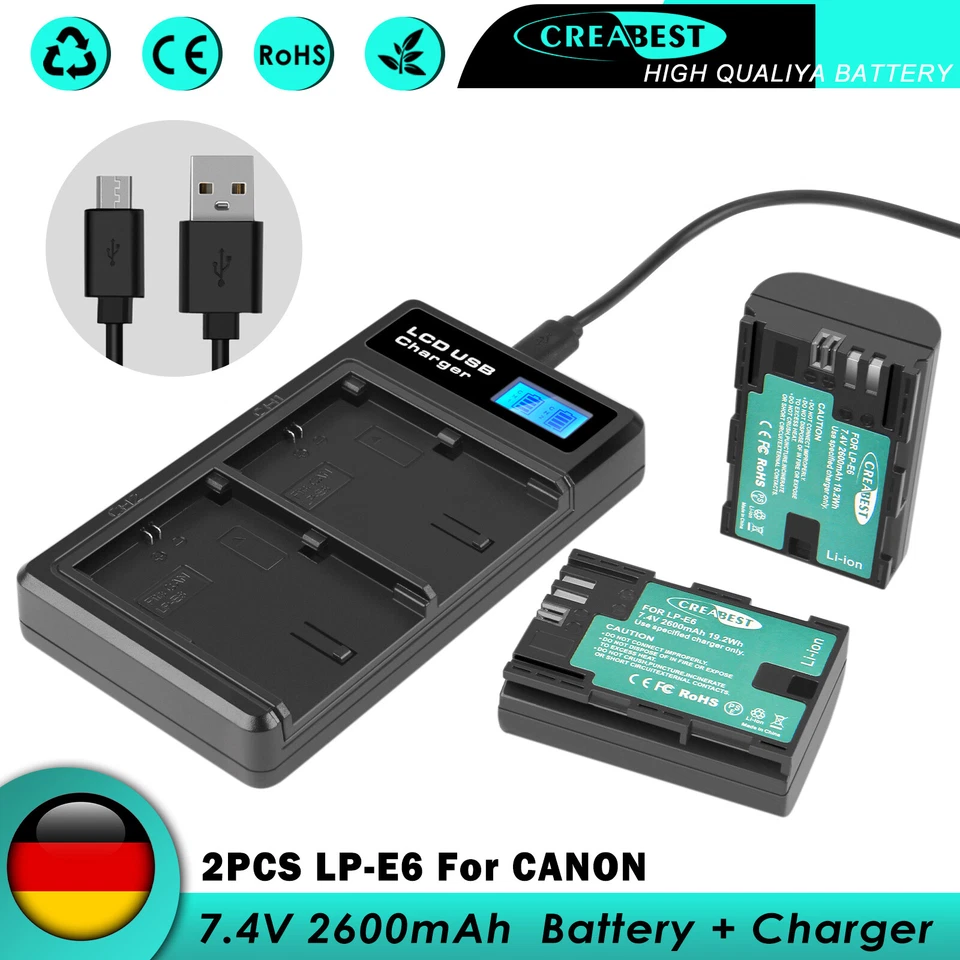 2x 2600mAh LP-E6 Akku + Ladegerät Für Canon LP-E6NH EOS 90D 60D 5DS 7D Mark II