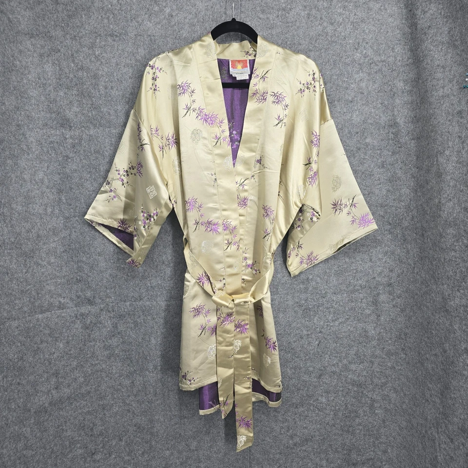 Bata Kimono Oriental Mujer Talla Única Dorado Lavanda Satinado Bordada Hasta la Rodilla Foto 1 de 4