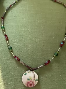 Vintage 24” Necklace Red Green Beads Silver Spacers &Porcelain floral Pendant. - Picture 1 of 8