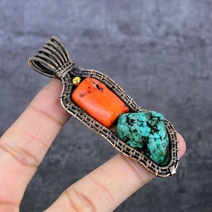 Tibetan Turquoise, Coral Gemstone Copper Wire Wrap Jewelry Pendant 3.55" Y956 - Picture 1 of 6