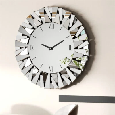 80cm Large Mirrored Wall Clock 3D Beveled Glass Edge Fireplace Living Room Decor - image 1 of 4