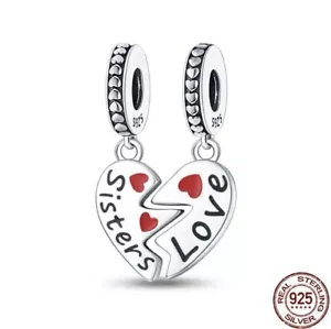 EMRCharms- 925 Sterling Silver - Sister Love Heart Dangle Charm - Picture 1 of 1