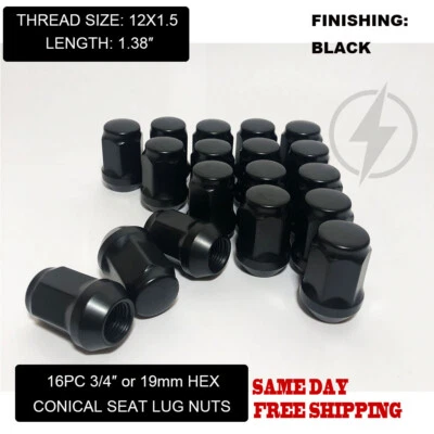 Fit Mitsubishi I-Miev Lancer Mirage Bulge Acorn Lug Nut 12x1.5 Black 16Pc - Image 1 of 4