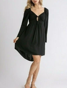 Umgee Kleid Damen Leinenmischung Schlüsselloch Rücken Boho Festival Glockenärmel schwarz S - Bild 1 von 4