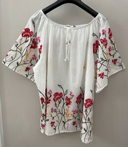 Anthropologie KINDRED White Peasant Blouse Top Sheer Floral Embroidered Plus Sz