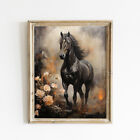 Horse Painting, Black Horse Running, Floral Art, Vintage Equestrian Art Print