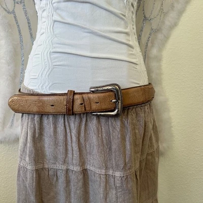 Cinturón Tony Lama Western Cuero Tostado Plata Hebilla Talla 36 Hecho en EE. UU. Vaquero Foto 1 de 4