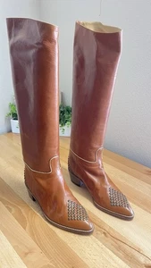 VTG 1980s Maud Frizon Italian Leather Boots Brown Studded Sz 38/US 8 Tall Riding - Picture 1 of 18