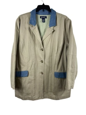 Denim & Co 3X Khaki 100% Cotton Jacket Denim Blue Trim Barn Coat Utility Style - Image 1 of 4