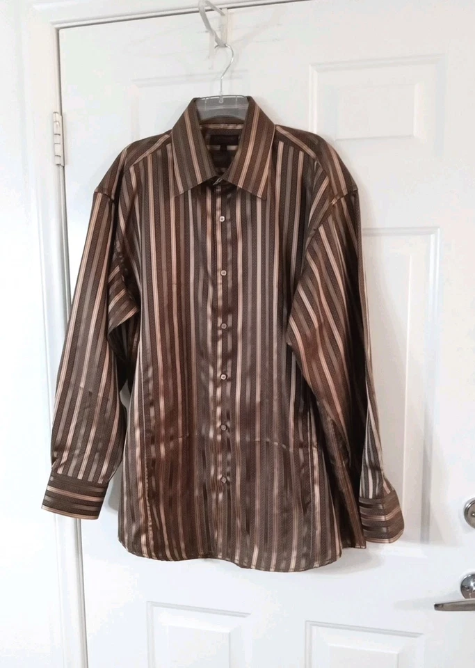 Leonardi 意大利正装衬衫男式 2XL 棕色、黑色、金色、美丽、锥形 — 第 1/4 张图片