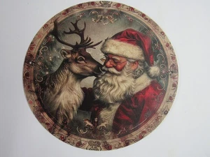 New 7 3/4" Round Santa And Reindeer Metal Sign Free Shipping - Picture 1 of 3