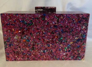 Confetti Purse Pink Acrylic Multicolor Sparkle Clutch Evening Bag Party Lined - Picture 1 of 14