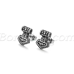 2pcs Men's Vintage Casting Stainless Steel Cool Thor's Hammer Ear Studs Earrings - Picture 1 of 7
