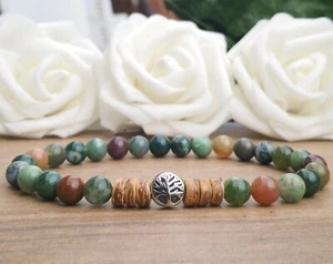 8mm Colourful Indian Agate Stainless Steel Tree Of Life Bead Stretchy Bracelet - Picture 1 of 8