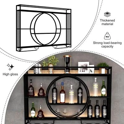  Bar Muro Scaffale per Bottiglie Portabottiglie Portabicchieri da vino con LED - Immagine 1 di 4