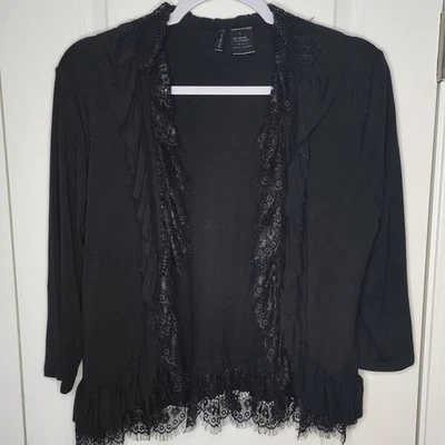 Etoile Black Lace Trim Ruffle Cardigan Sweater Top - Women's Size L - Image 1 of 3
