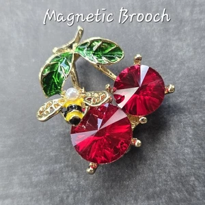 Crystal Cherry MAGNETIC brooch pin. Honey Bee jewelry. Pin-free Clasp - Picture 1 of 8