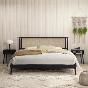 Ruby Wooden Bed Frame with Headboard and Natural Rattan, Solid Oak Foundation... - Picture 1 of 8