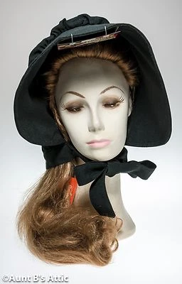 Pioneer Bonnet Ladies Black Pilgrim Puritan Historical Costume Headpiece OS  - Image 1 of 3