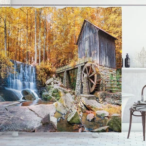 Historic Water Old Mill and Outdoor Nature in Fall Season Art Shower Curtain Set - Picture 1 of 2