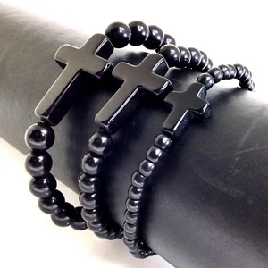 Black Cross Men Bracelet Handmade Beaded Howlite Turquoise 7.5" 4mm 6mm 8mm - Picture 1 of 14