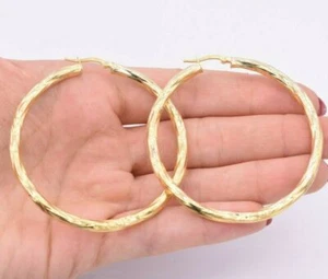 2 3/8" 60mm Twisted Diamond Cut Hoop Earrings 14K Yellow Gold-Plated Silver - Picture 1 of 5