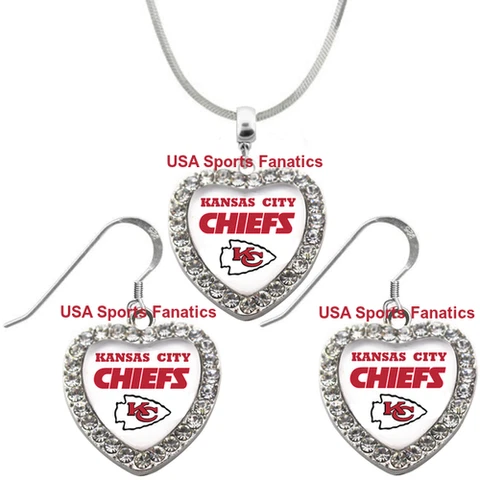 Kansas City Chiefs 925 Necklace or Earrings or Set Team Heart With Rhinestones Cover