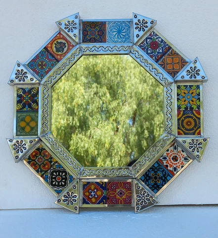 15" PUNCHED TIN MIRROR octagonal   mixed talavera tiles    mexican folk art Cover