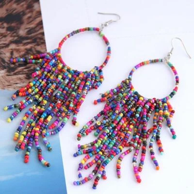 Trendy Boho Ethnic Multicolor Beaded Fringe Beaded Earrings - Image 1 of 4