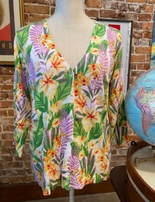 Quacker Factory White Lilac Floral 3/4 Sleeve Knit Cardigan Sweater New - Image 1 of 4