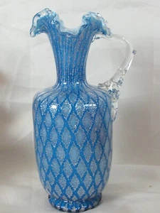 Stevens & Williams Diamond Pattern Aventurine Art Glass Vase Blue W/ Silver Mica - Picture 1 of 9