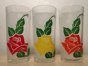 Vintage 1970s Set Of 3 Frosted Colourful Rose Floral Glasses by Avir Italy GC - Picture 1 of 3