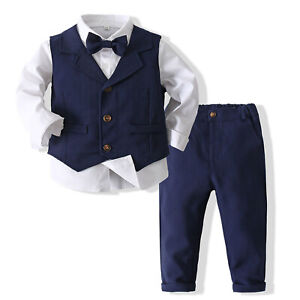 Baby Boys Gentleman Outfits Set Birthday Party Shirt Bowtie Vest Pants Suit