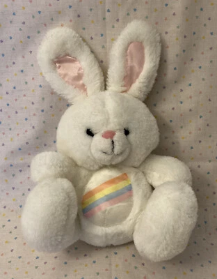 Vintage 1985 Enesco in Rainbow Forest White Bunny Plush Satin Ears Belly 7” - Image 1 of 4