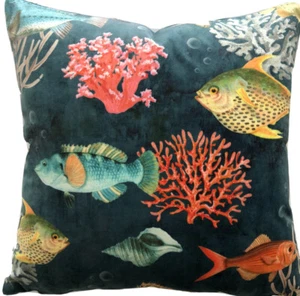 Fishes Cushion Cover Tropical Velvet Fabric Printed Blue Ocean Coral Reef - Picture 1 of 4