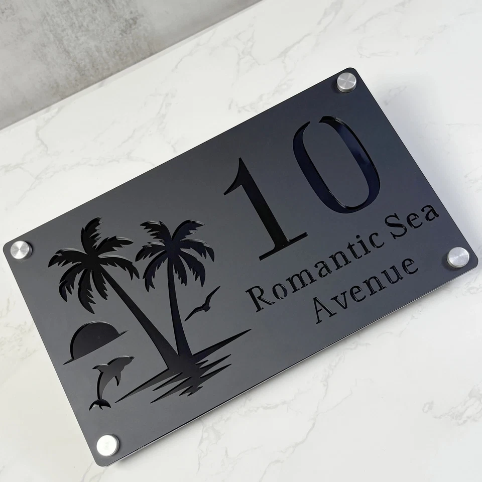 CUSTOM HOUSE SIGN NUMBER STREET SIGN ISLAND BEACH PALM TREE DOLPHIN ACRYLIC - image 1 of 4
