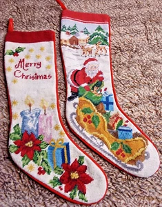 2 Vtg 1991 100% Wool Embroidery Needlepoint Christmas Stocking Peking Handicraft - Picture 1 of 8