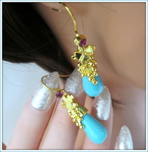 Charm Trendy Turquoise zircon 14k Gold Plated Drop Earrings for Women - Picture 1 of 7
