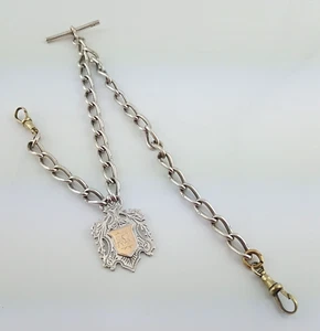 EDWARDIAN SILVER POCKET WATCH CHAIN HM 1906 & ENGRAVED SILVER FOB HM  1911 51g - Picture 1 of 7