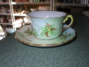 VINTAGE O.E.&G ROYAL AUSTRIA GREEN HAND PAINTED CUP & SAUCER SET - Picture 1 of 6
