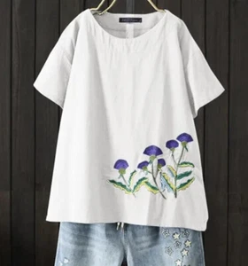 NWT ZANZEA Women White 100% Cotton Round Neck Short Sleeve Embroidered Blouse M - Picture 1 of 20