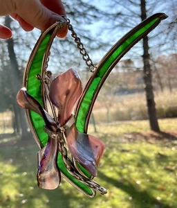 Handcrafted Purple Bearded Iris 3D Stained Hanging Art Glass Sun Catcher DAMAGE - Picture 1 of 8