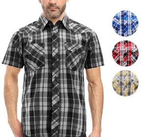 Men’s Casual Plaid Pockets Short Sleeve Collared Classic Button Down Shirt - Picture 1 of 13