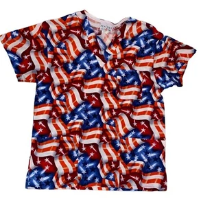 Peaches Patriotic Flag Medical V Neck Scrub Top - Picture 1 of 8